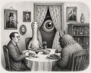 Curtain, eye, horn, bowl, three plates, wine, portraits, figurines, man.