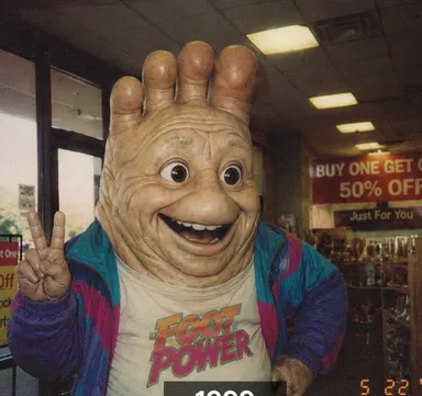 foot-shaped-mascot-poses-in-prosthetics-store-1999-and-now