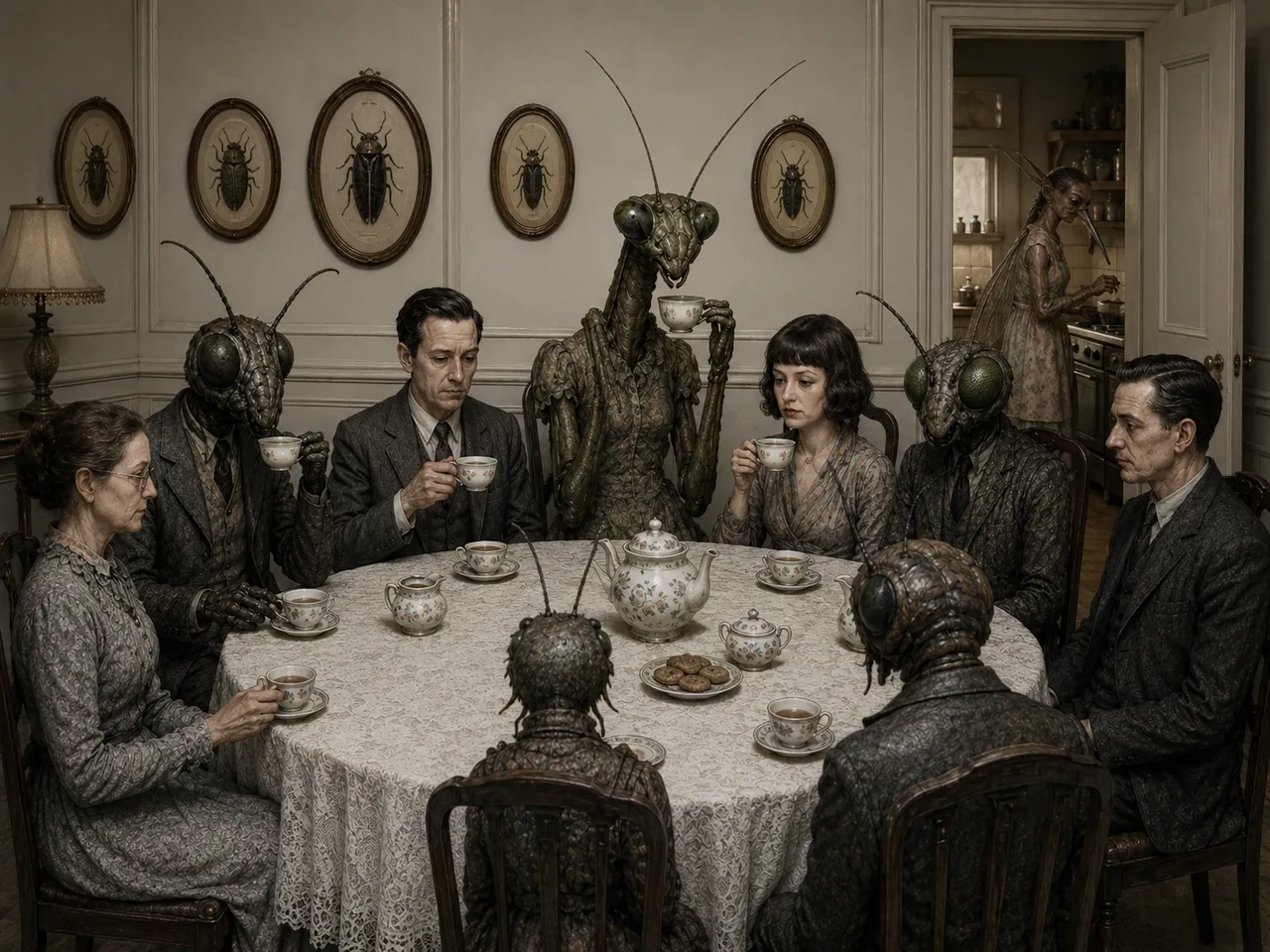 Humans and giant insects share a formal tea party.