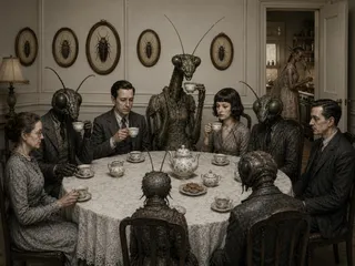 Humans and giant insects share a formal tea party.