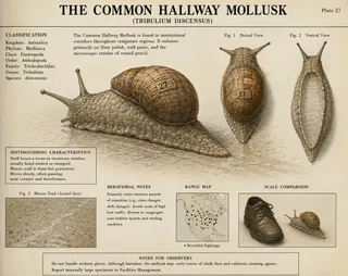 Shell, mucus trail, two eyestalks, shoe, map, room number 27B.