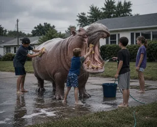 Four kids wash a large hippo in a driveway.