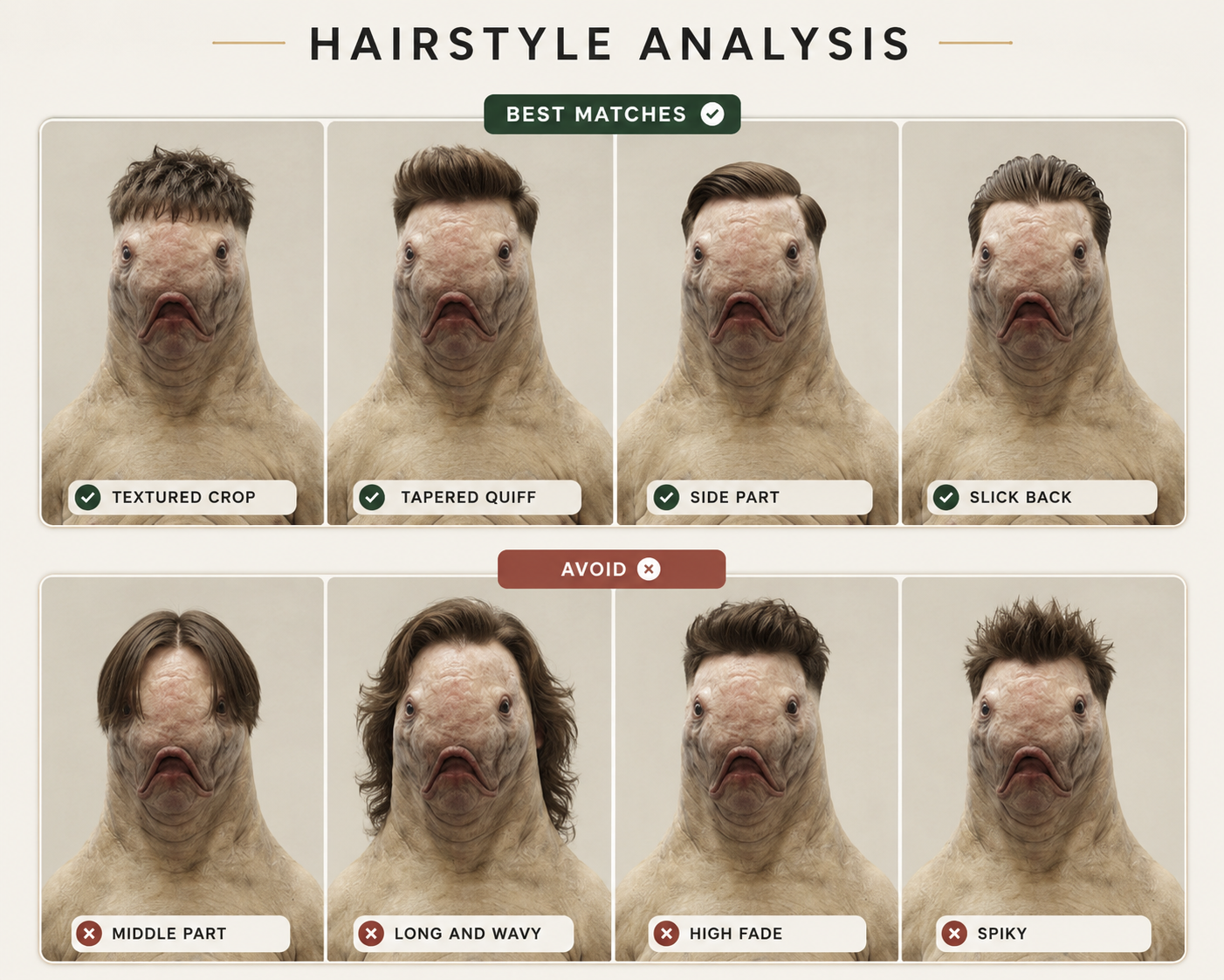 AI bird faces wear various human hairstyles, ranked by suitability.
