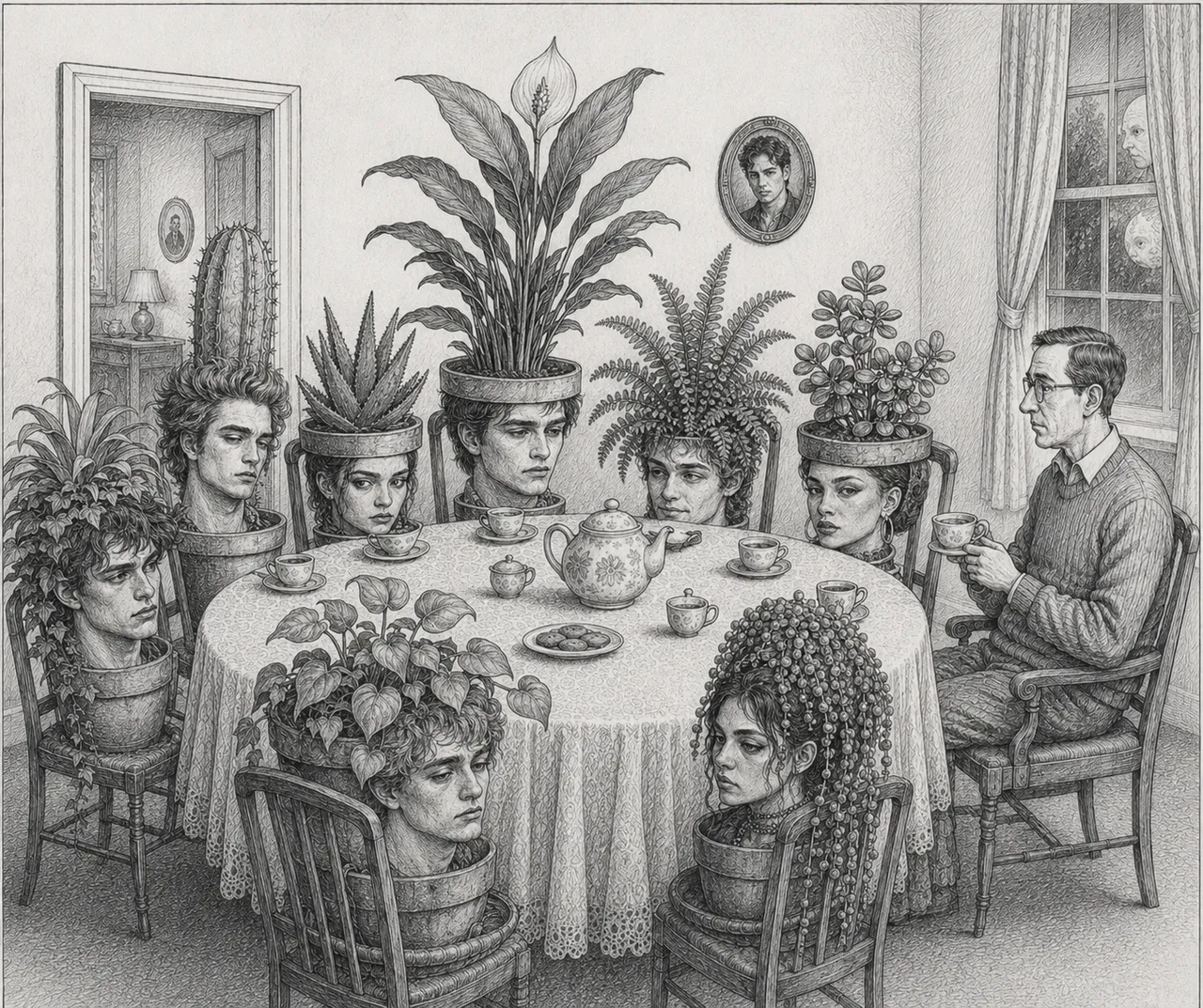 Human heads in flowerpots share tea at a table.