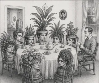 Human heads in flowerpots share tea at a table.