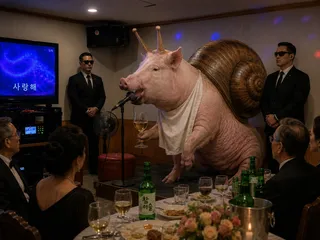 Shell, snout, microphone, soju bottles, two earpieces, fan, television, wine glass, tablecloth, candle.