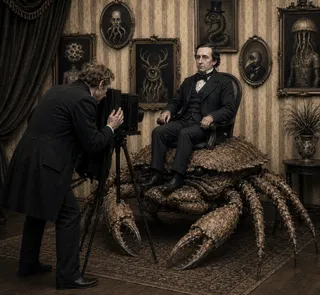Victorian man sits atop giant crab for portrait photo.