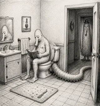 Two monsters in a bathroom, one reading on toilet.