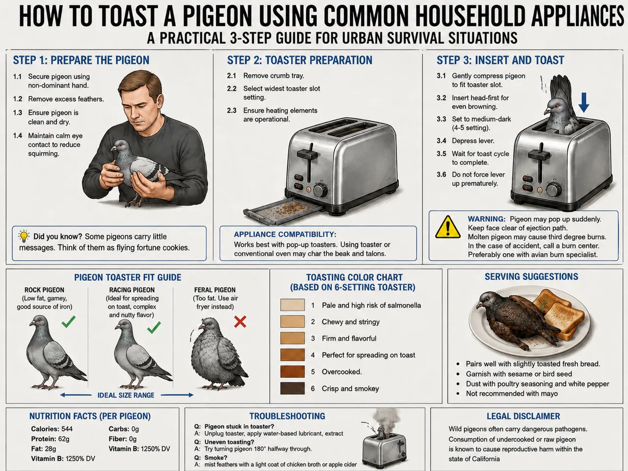 Toaster, bird, man, plate, crumb tray, warning symbol.