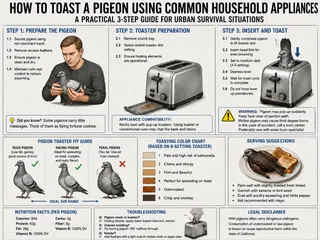 Toaster, bird, man, plate, crumb tray, warning symbol.