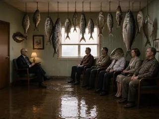 People sit in flooded room with hanging fish overhead.