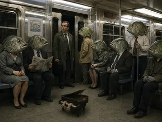 Six suits, newspaper, briefcase, miniature piano, pearl necklace, fluorescent strip, poster, pole, blue seats.