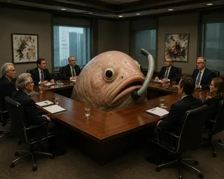 A giant fish creature sits at a corporate boardroom table.